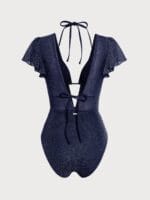 Blue Lurex V Neck Tie One-Piece Swimsuit - Image 5