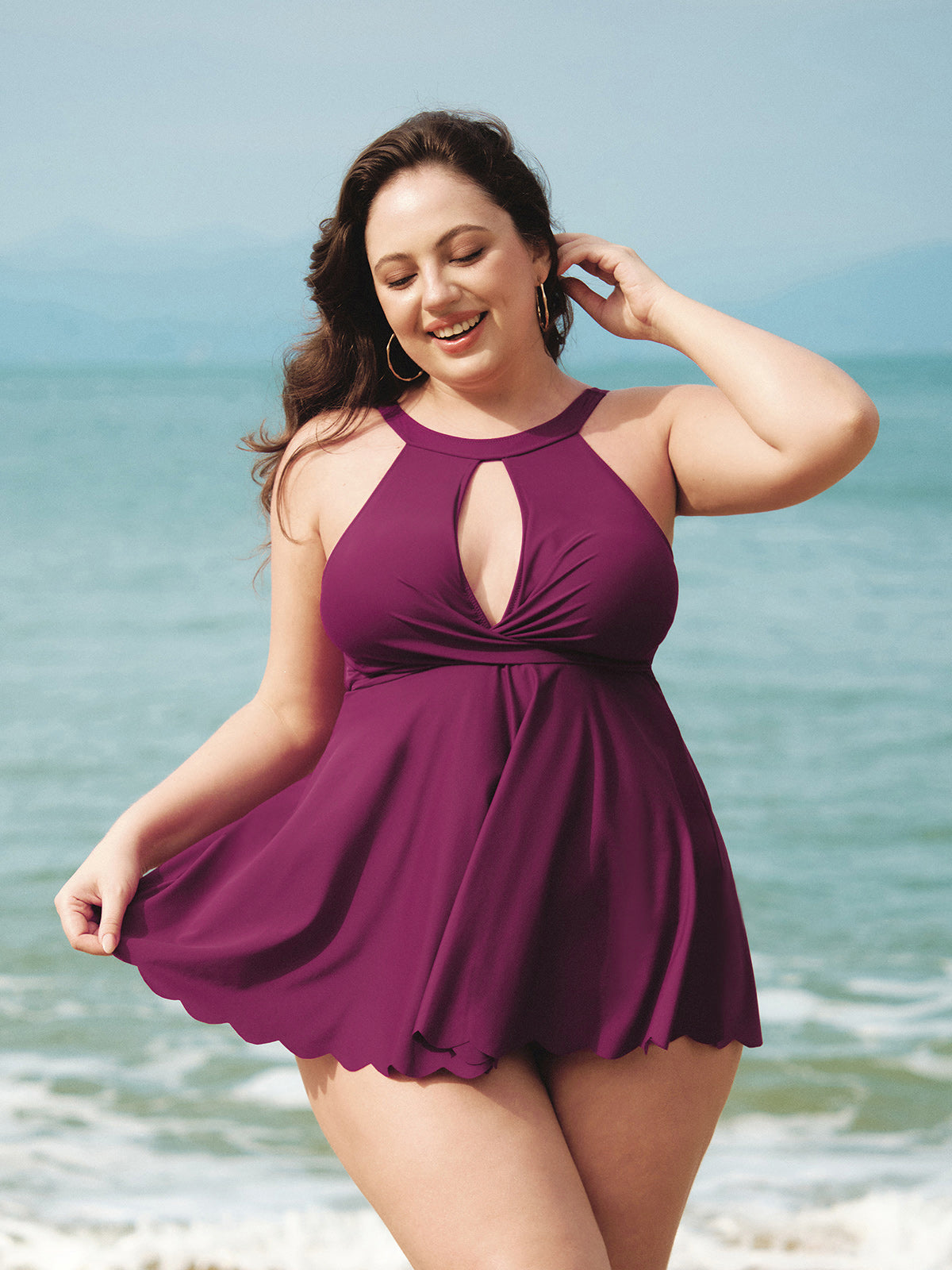 women-knitted-nylon-blended-tankini-tops-sustainable-plus_size_tankinis-h8x7tp Burgundy Halter Twist Front Plus Size Tankini Top - Image 1