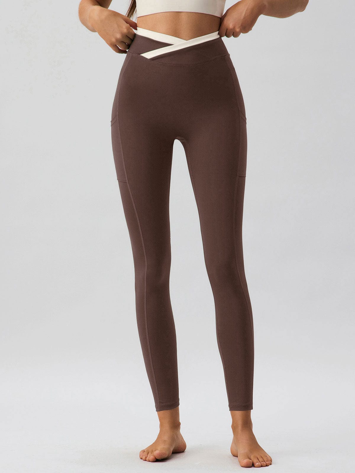 women-knitted-nylon-blended-yoga-leggings-coffee-sustainable-yoga_bottoms-s4tog6 Coffee Natural Waisted Leggings 25" - Image 1