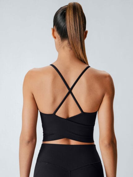 Black V Neck X-Cross Sports Bra - Medium Support