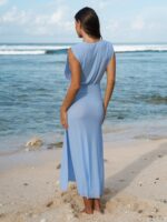 Blue Deep V-Neck Knotted Mesh Cover-up Dress - Image 2