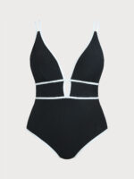 Black Contrast V Neck Plus Size One-Piece Swimsuit - Image 5