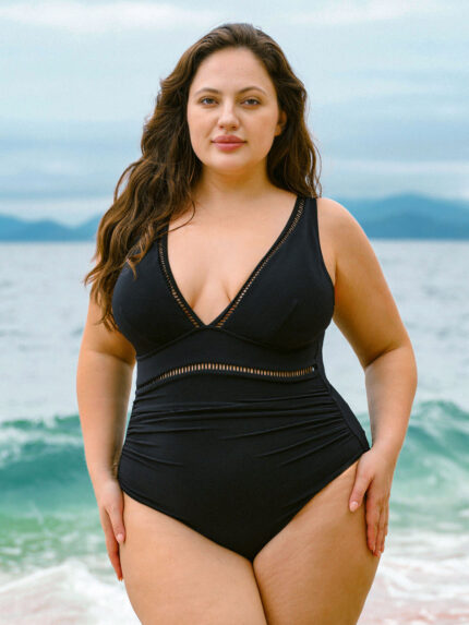 Black V Neck Ruched Plus Size One-Piece Swimsuit