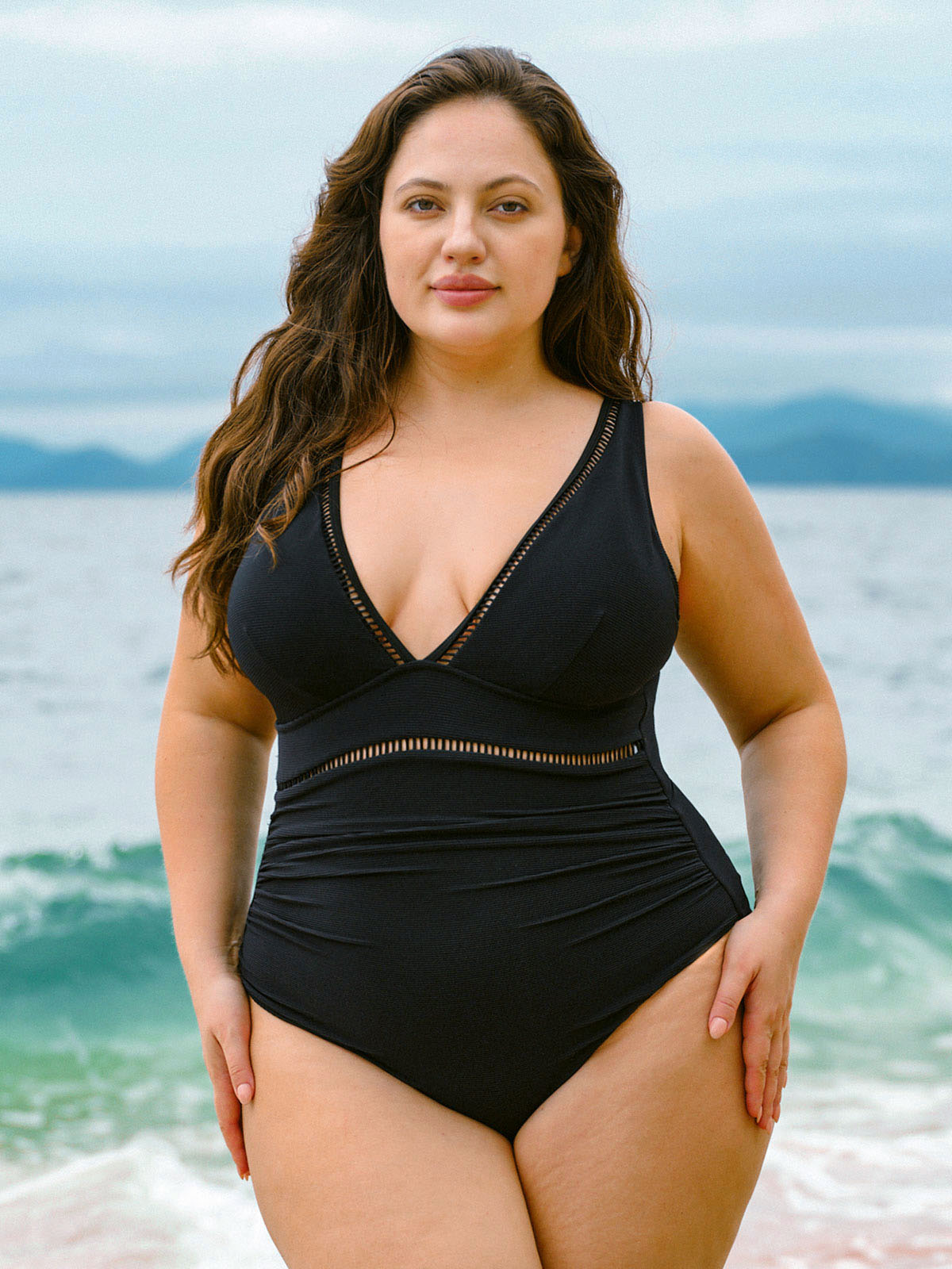 women-knitted-nylon-one-pieces-swimwear-black-sustainable-plus_size_one-pieces-qugynm Black V Neck Ruched Plus Size One-Piece Swimsuit - Image 1