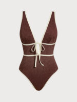 Dark Coffee V Neck Tie One-Piece Swimsuit - Image 5