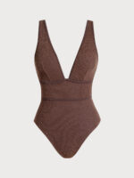 Dark Coffee Lurex V-Neck One-Piece Swimsuit - Image 5