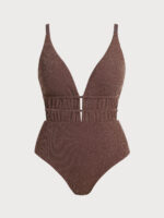 Dark Coffee Drawstring Plus Size One-Piece Swimsuit - Image 6