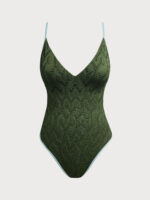 Dark Green Textured V Neck One-Piece Swimsuit - Image 5