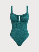 Dark Green Jacquard Drawstring One-Piece Swimsuit - Image 6