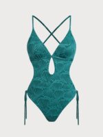 Dark Green Jacquard X Cross One-Piece Swimsuit - Image 6