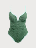 Dark Green Jacquard V Notch Plus Size One-Piece Swimsuit - Image 4
