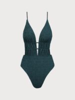 Dark Green Textured Plunge One-Piece Swimsuit - Image 10