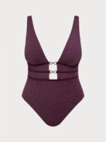 Purple Textured V Neck Plus Size One-Piece Swimsuit - Image 6