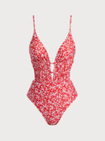 Red Floral Plunge One-Piece Swimsuit - Image 5