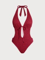 Wine Red Tie-Front Cutout One-Piece Swimsuit - Image 6