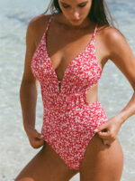 Red Floral Plunge One-Piece Swimsuit - Image 4