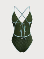 Dark Green Textured V Neck One-Piece Swimsuit - Image 6