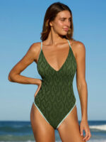 Dark Green Textured V Neck One-Piece Swimsuit