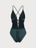 Dark Green Textured Plunge One-Piece Swimsuit - Image 11