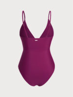 Burgundy Ruched V Neck One-Piece Swimsuit - Image 7