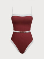 Wine Red Contrast Gleam One-Piece Swimsuit - Image 7