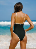 Black V Neck Tie One-Piece Swimsuit - Image 2