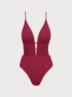Red Textured Plunge One-Piece Swimsuit - Image 6