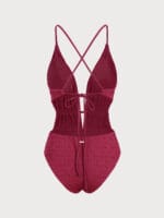 Red Textured Plunge One-Piece Swimsuit - Image 7