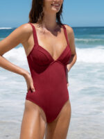 Wine Red Cross Back One Piece Swimwear - Image 3