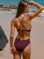 Dark Coffee Textured Cutout One-Piece Swimwear - Image 2