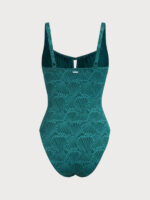 Dark Green Jacquard Drawstring One-Piece Swimsuit - Image 7