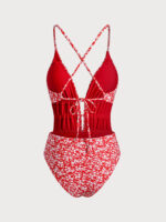Red Floral Plunge One-Piece Swimsuit - Image 6