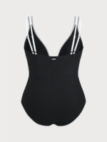 Black Contrast V Neck Plus Size One-Piece Swimsuit - Image 6