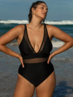 Black Sheer V-Neck Plus Size One-Piece Swimsuit - Image 4