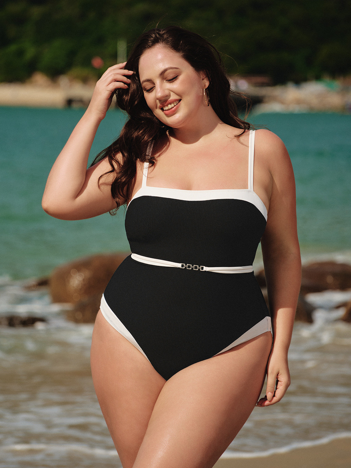 women-knitted-nylon-one-pieces-swimwear-sustainable-plus_size_one-pieces-dxfjza Black Contrast Gleam Plus Size One-Piece Swimsuit - Image 1