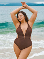 Dark Coffee Drawstring Plus Size One-Piece Swimsuit - Image 5