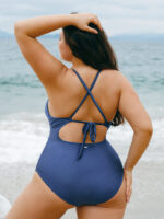 Blue Halter Ruched Plus Size One-Piece Swimsuit - Image 2