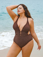 Dark Coffee Drawstring Plus Size One-Piece Swimsuit - Image 3