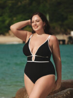 Black Contrast V Neck Plus Size One-Piece Swimsuit - Image 3