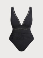 Black V Neck Ruched Plus Size One-Piece Swimsuit - Image 5