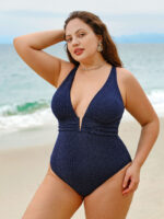 Blue V Neck Plus Size One-Piece Swimsuit - Image 4