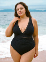 Black V Neck Ruched Plus Size One-Piece Swimsuit - Image 3
