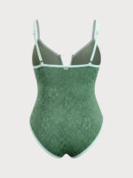 Dark Green Jacquard V Notch Plus Size One-Piece Swimsuit - Image 5