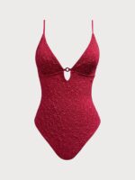Wine Red Textured Cutout One Piece Swimwear - Image 7