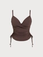 Coffee Ribbed Ruched Tie Side Plus Size Tankini Top - Image 6