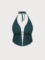 Dark Green Textured Halter Plus Size Tankini Top - Image 5