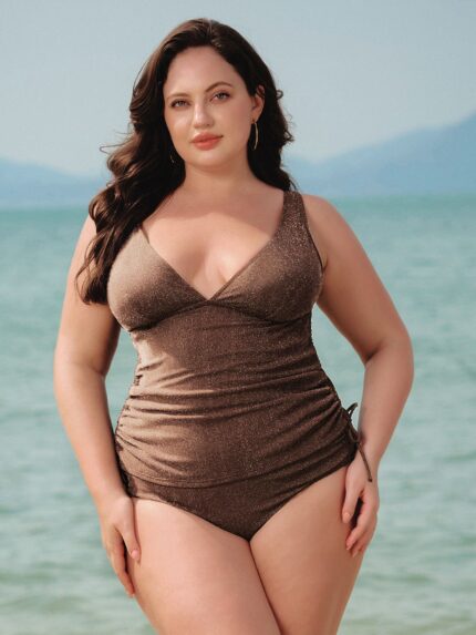 Ruched Drawstring Plus Size Tankini Top