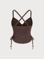 Coffee Ribbed Ruched Tie Side Plus Size Tankini Top - Image 7