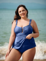 Blue Ruched Cutout Plus Size Tankini Top
