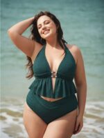 Dark Green Textured Halter Plus Size Tankini Top - Image 3